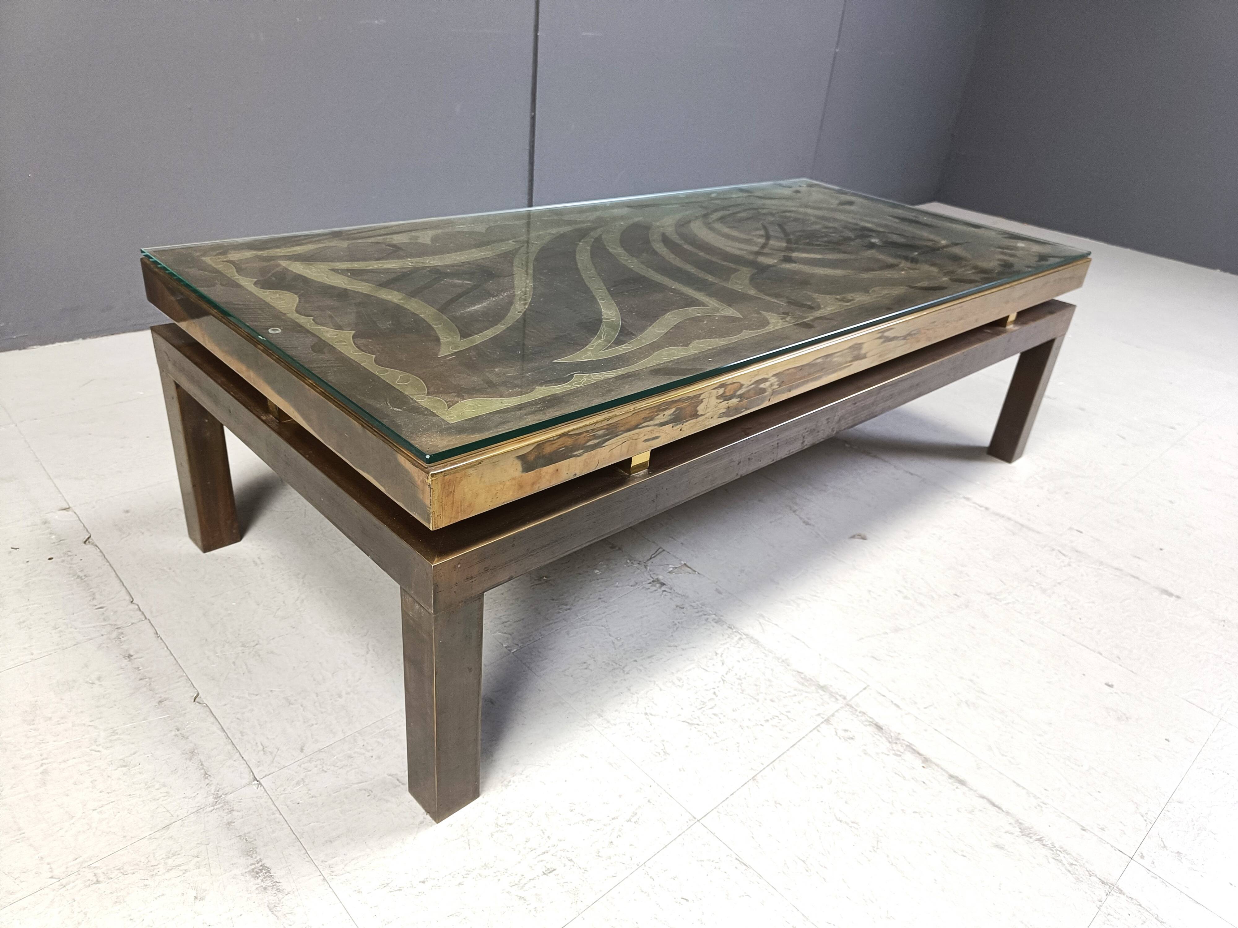 Vintage etched brass coffee table by Willy Daro, 1970s