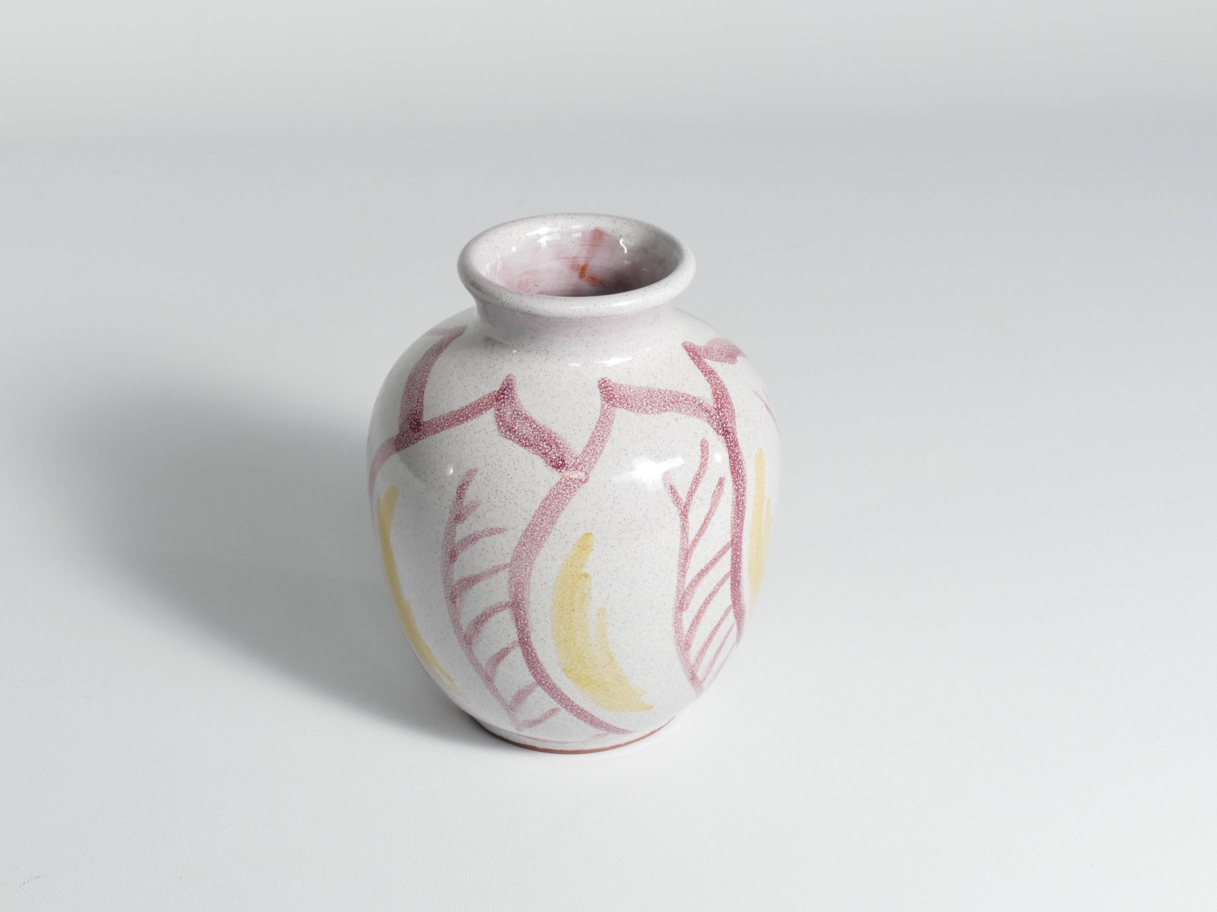 Scandinavian Modern Ceramic Vase with Red & Yellow Leaves, Alingsås Keramik 1947