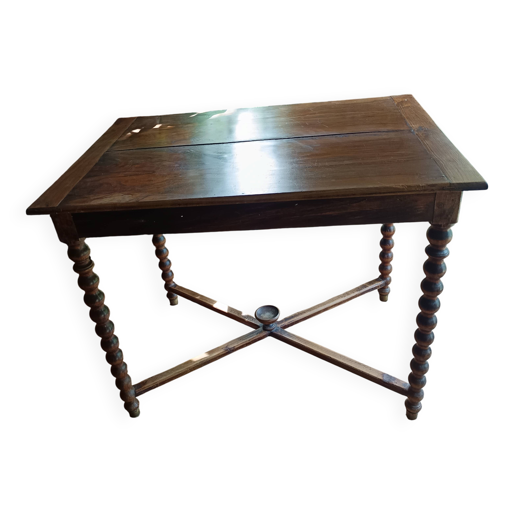 Antique solid walnut table with turned legs, france, late 19th century