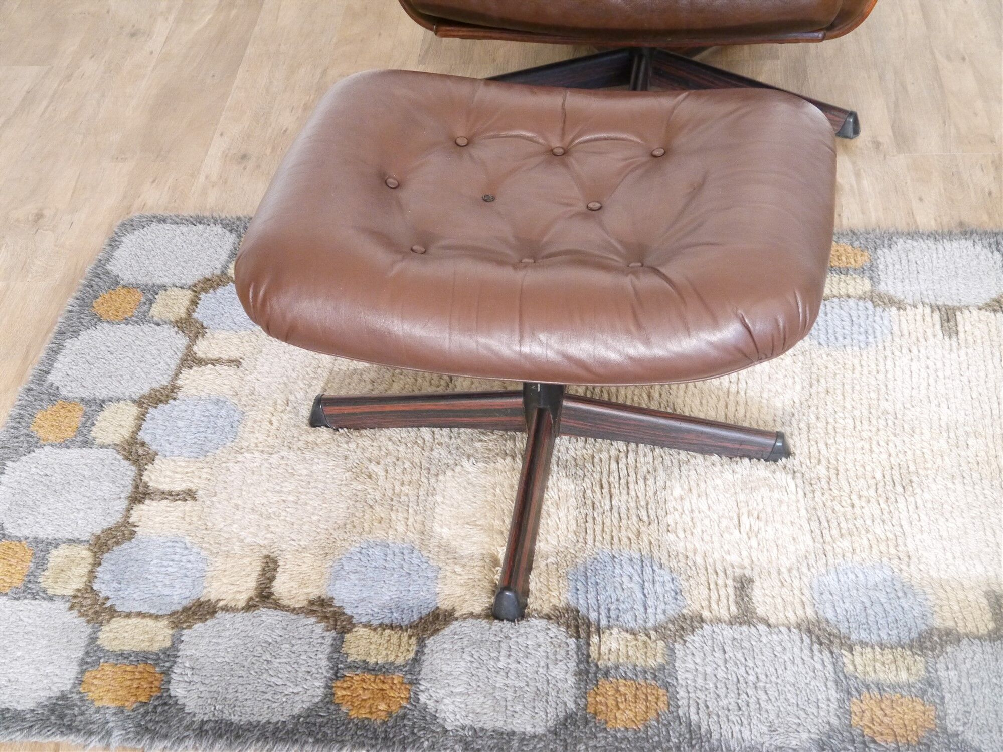 Armchair vintage Scandinavian lounge leather with ottoman 1970