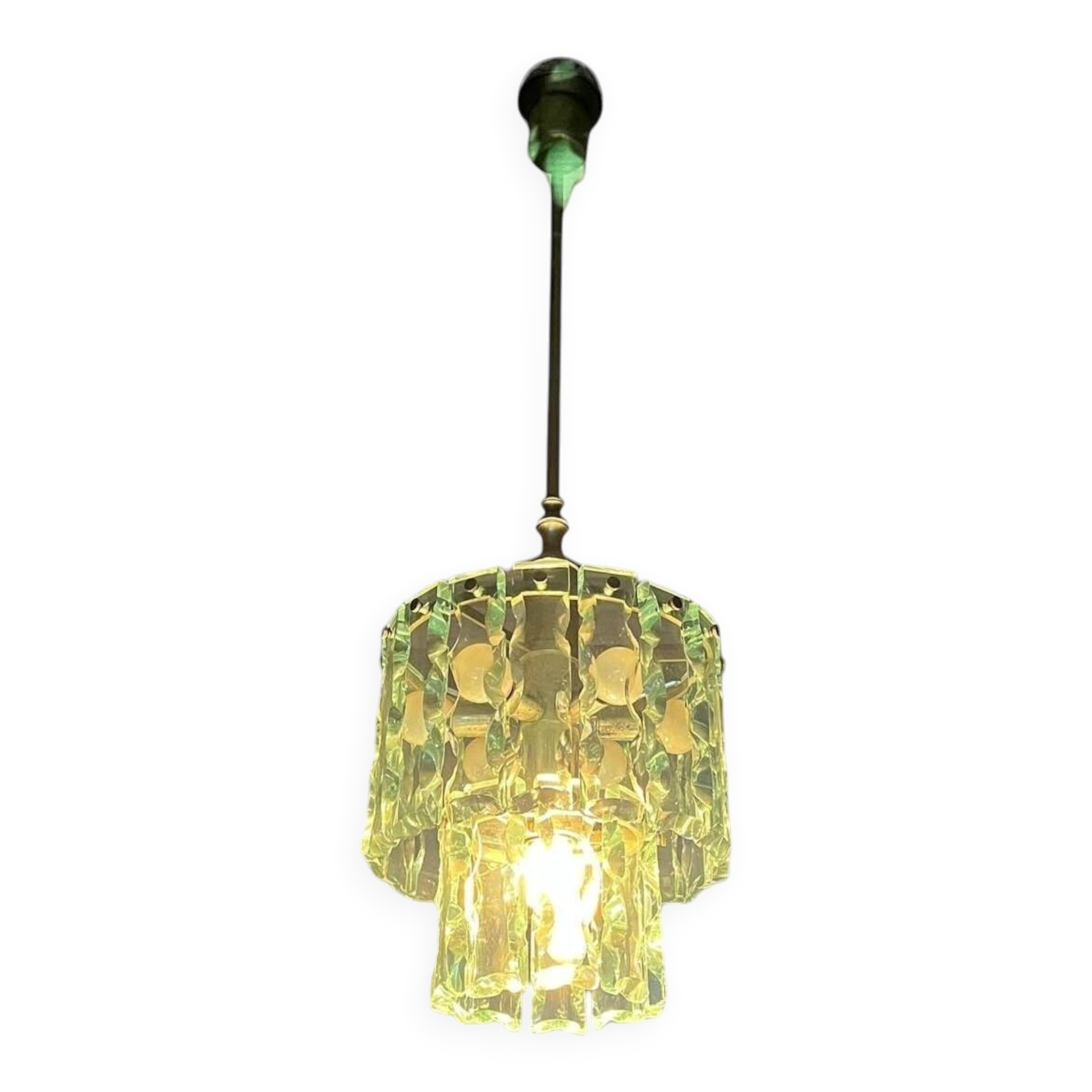 Vintage chandelier in thick, frosted glass, chiseled in the Fontana Arte style.
