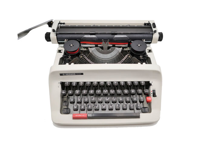 Machine à écrire Hermes 305 blanche révisée ruban neuf