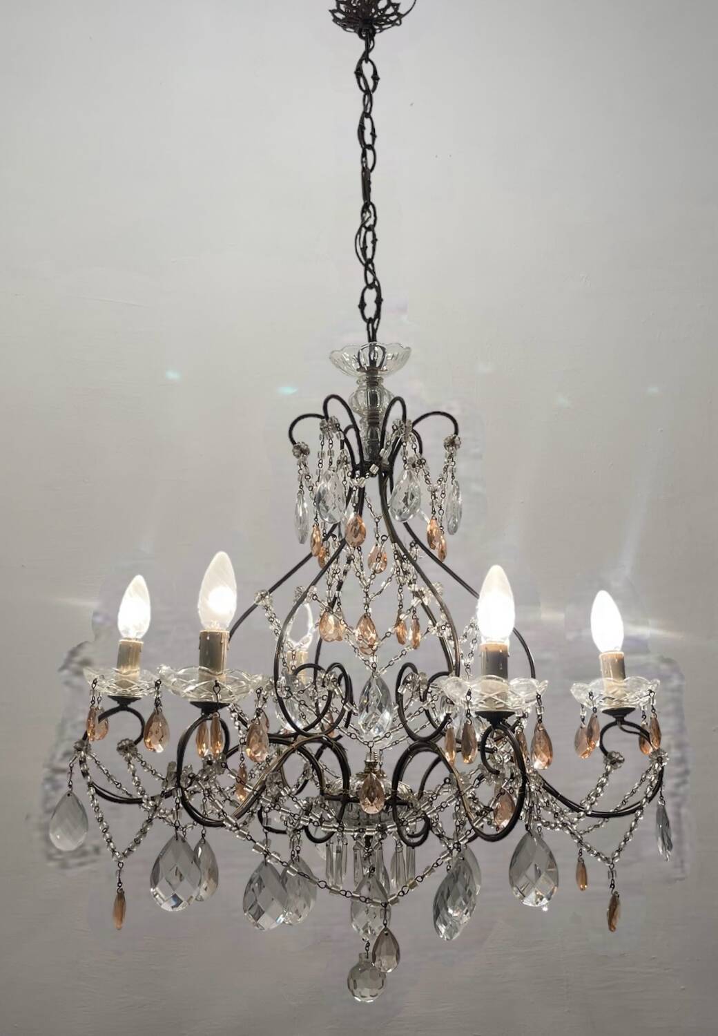 Bronze Pink Crystal Chandelier 1950’s