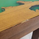 Vintage 1970 side table in green epoxy resin & solid oak 70s raw