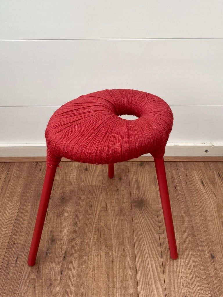 Ikea Red Metal and Wool Three pod Stool, Model Eskilstuna, 1990s