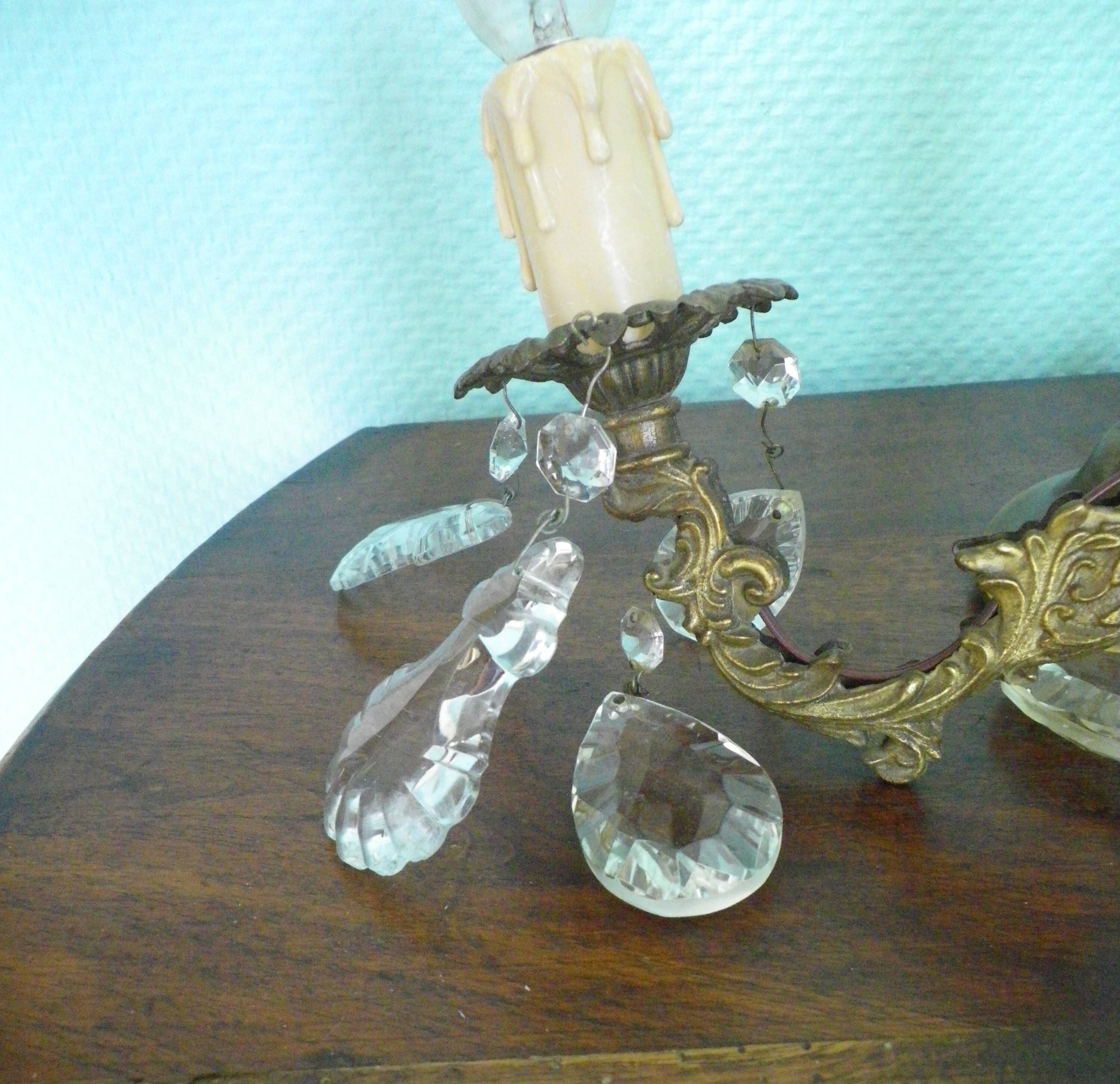 Rococo chandelier with crystal pendants, 4 lights, brass and metal 1950/1960