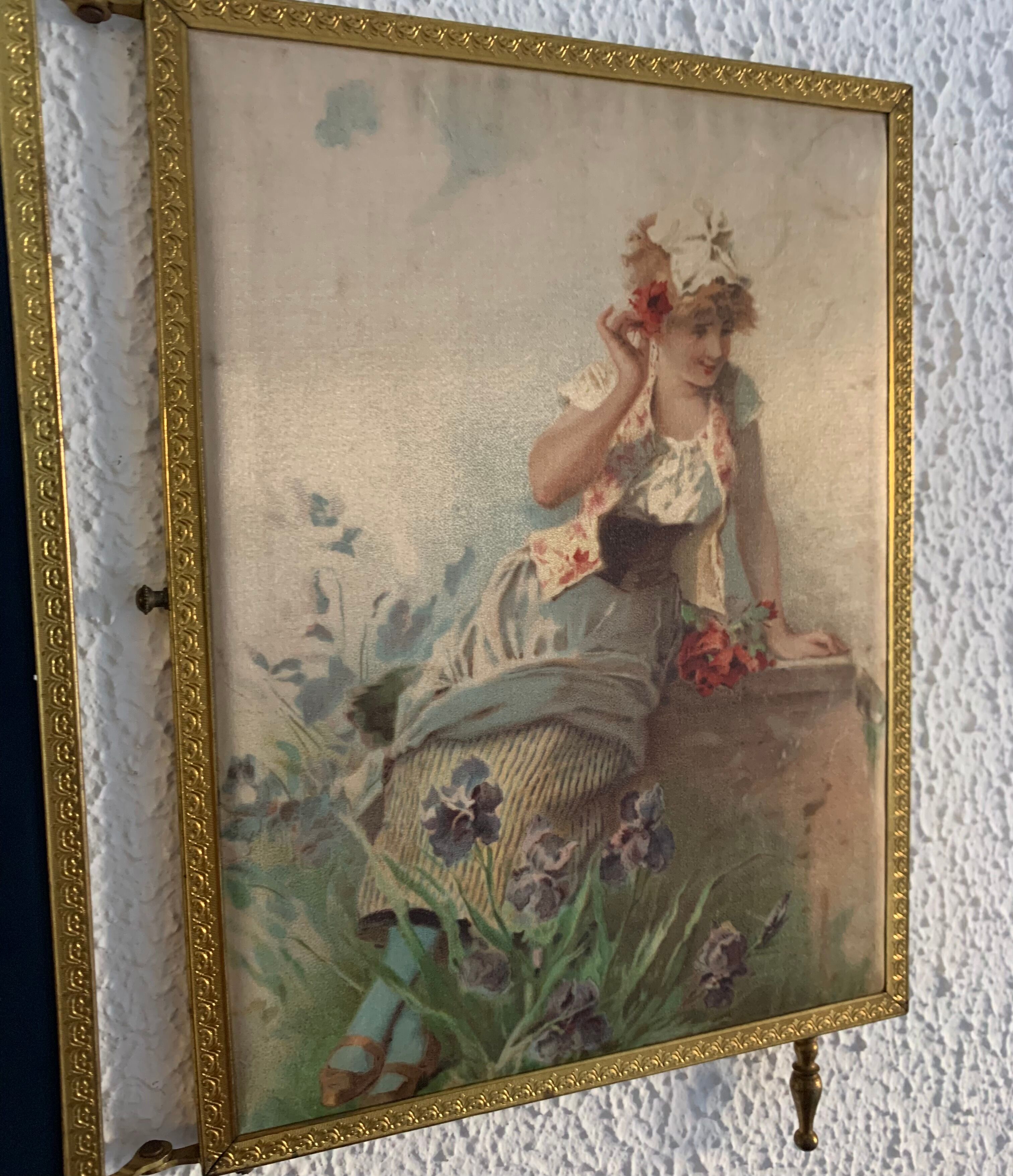 Vintage mirror 1900 triptych barber brass chiseled - 27 x 58 cm