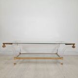 Table basse carrée en laiton, lucite et verre, Hollywood Regency