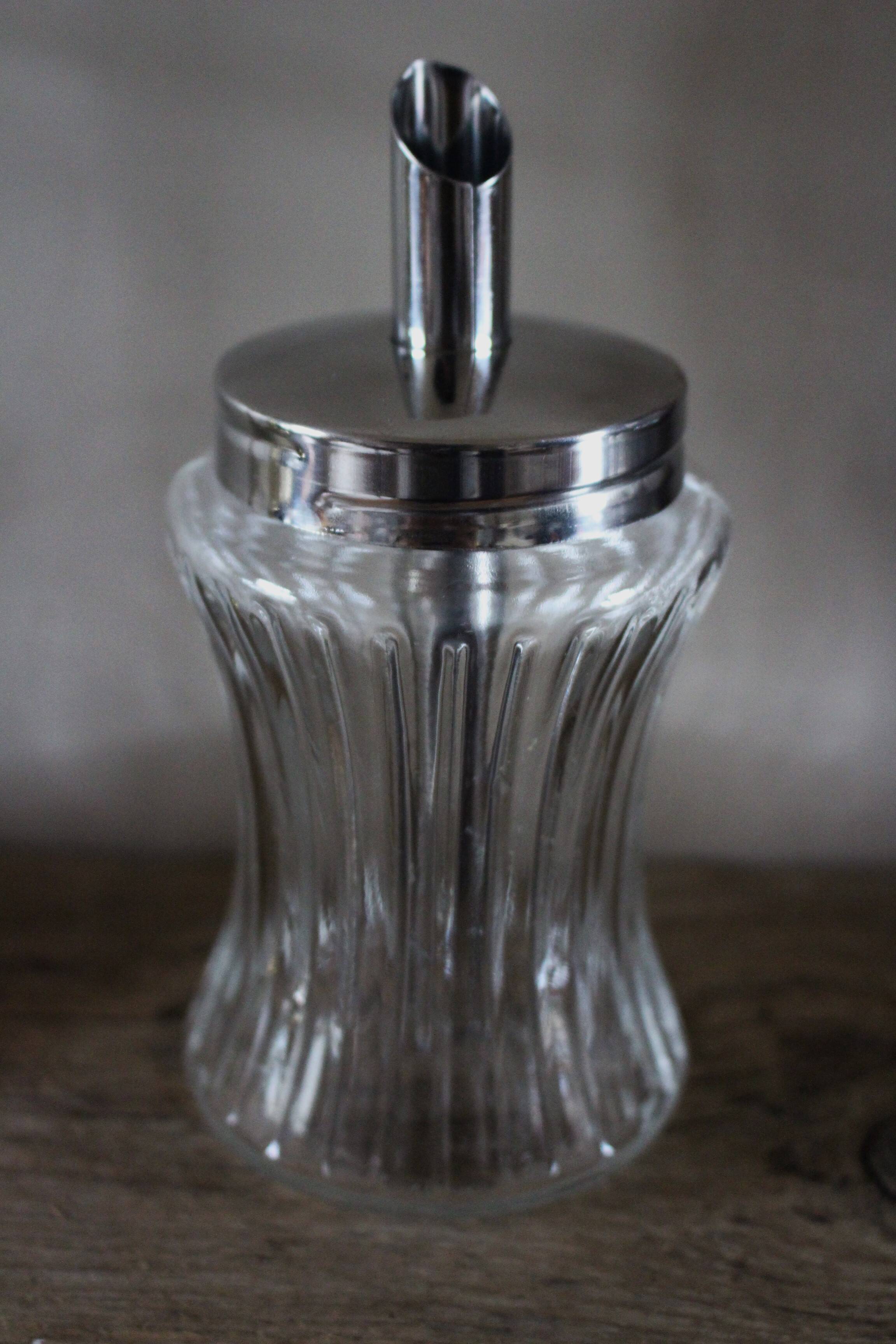 Vintage glass sugar bowl with metal spout