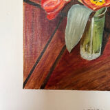 Tableau sur toile nature morte tulipes sur table signé r saintin