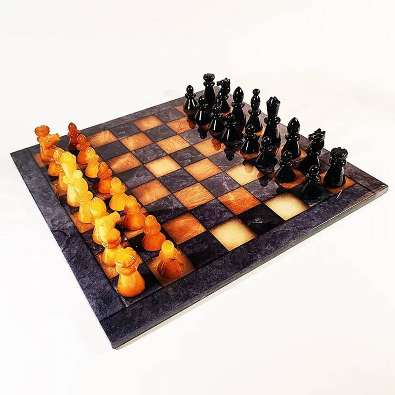 1970s Big Chess Set in Hand Carved Alabaster of Volterra - Black and Brown