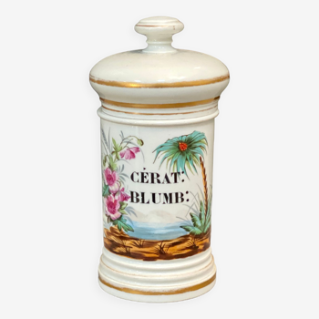 Earthenware medicine jar with lid with floral decoration from the 19th century.