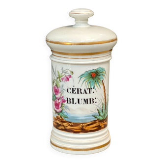 Pot à pharmacie en faïence avec couvercle à décor floral du XIXème siècle.