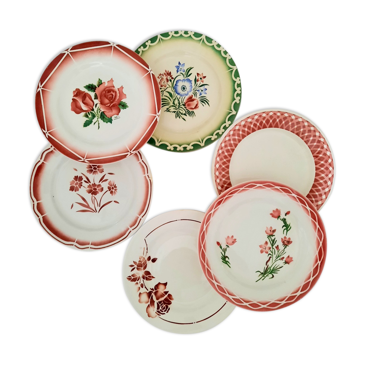 6 old flat plates mismatched in earthenware