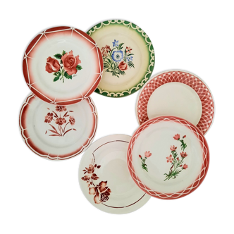 6 old flat plates mismatched in earthenware
