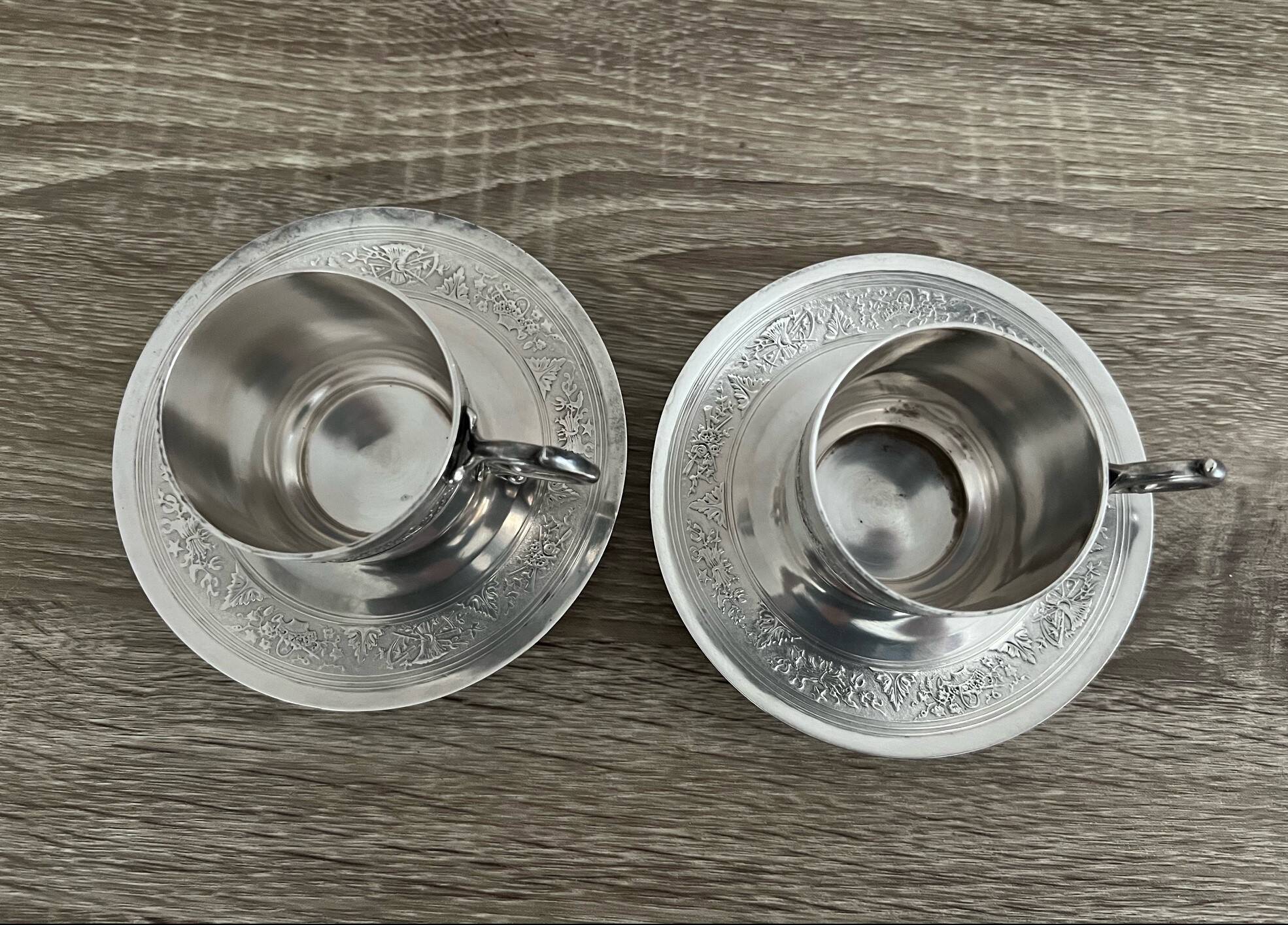 2 Gallia silver-plated cups and saucers with rooster and goat's head hallmarks, numbered