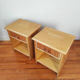 Pair of vintage bedside tables in wood and rattan.
