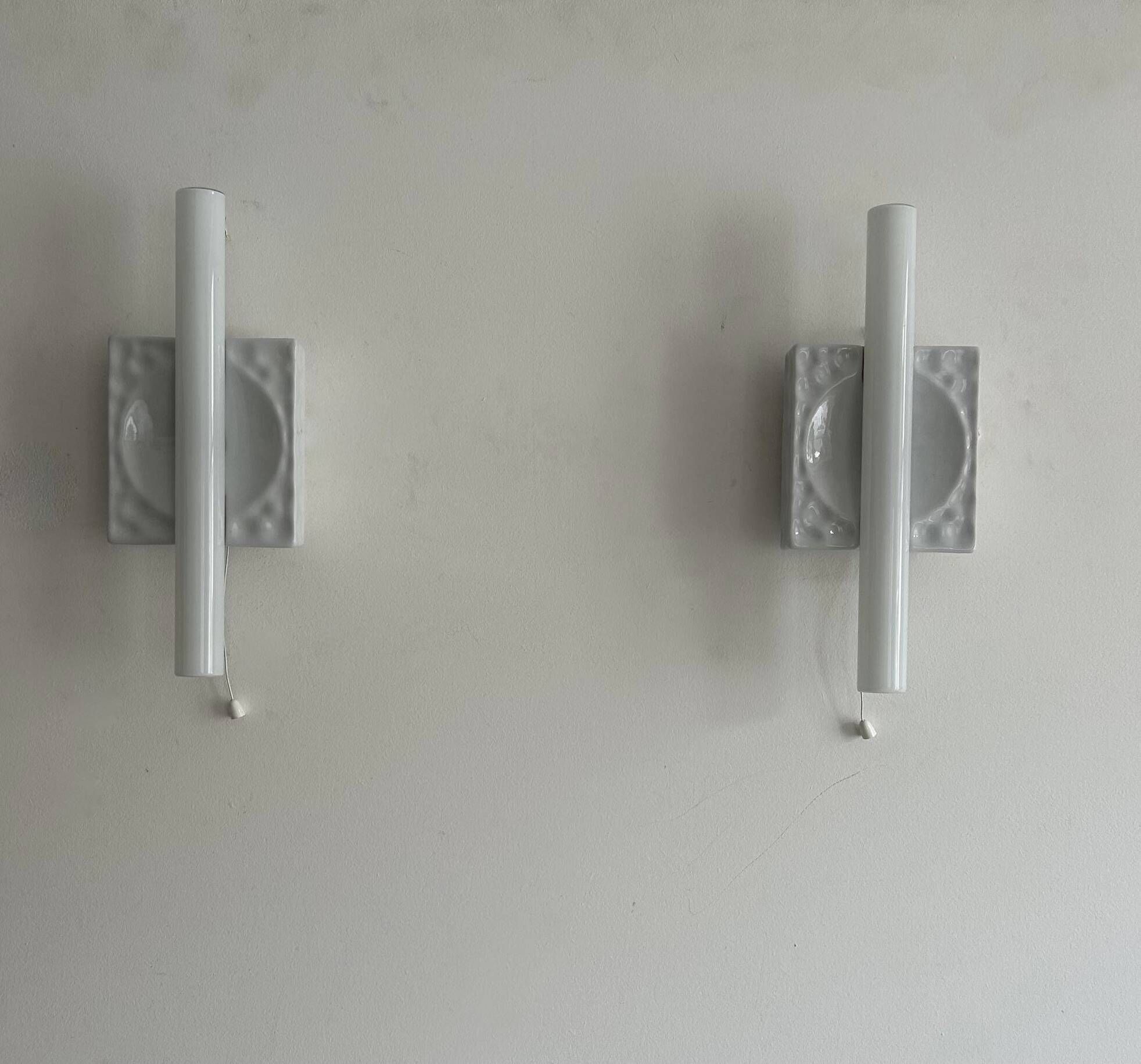 Pair of vintage porcelain wall lights with switch, France 1970.