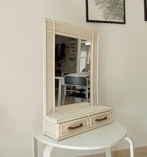 Grand miroir en rotin et canne vintage années 70
