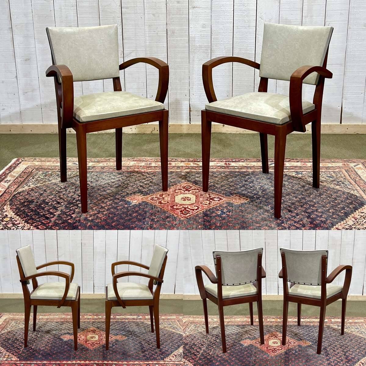 Pair of Art Deco bridge chairs in beech and imitation leather from the 1950s