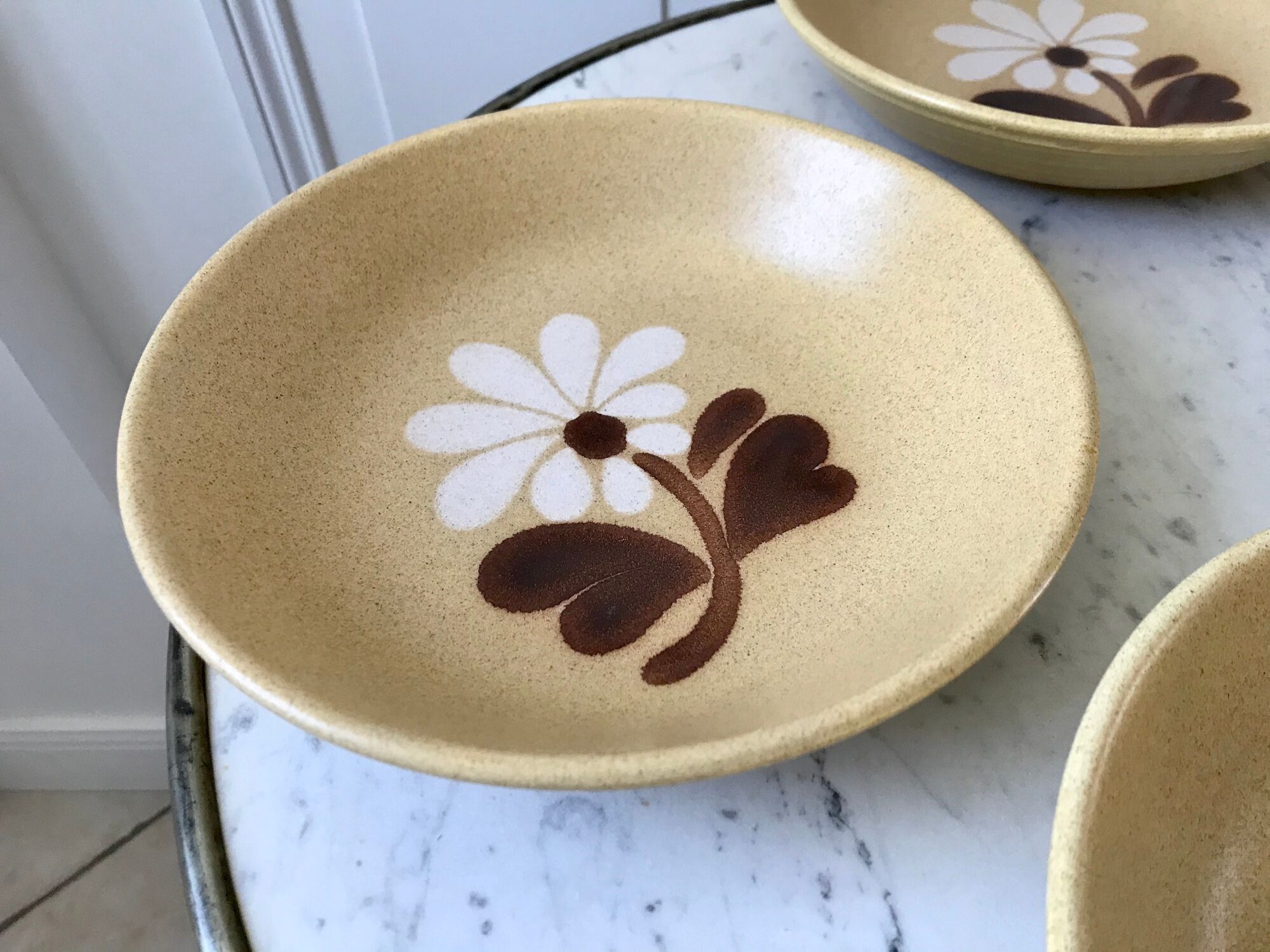 Set of 4 hollow plates in sandstone flowers painted 70s