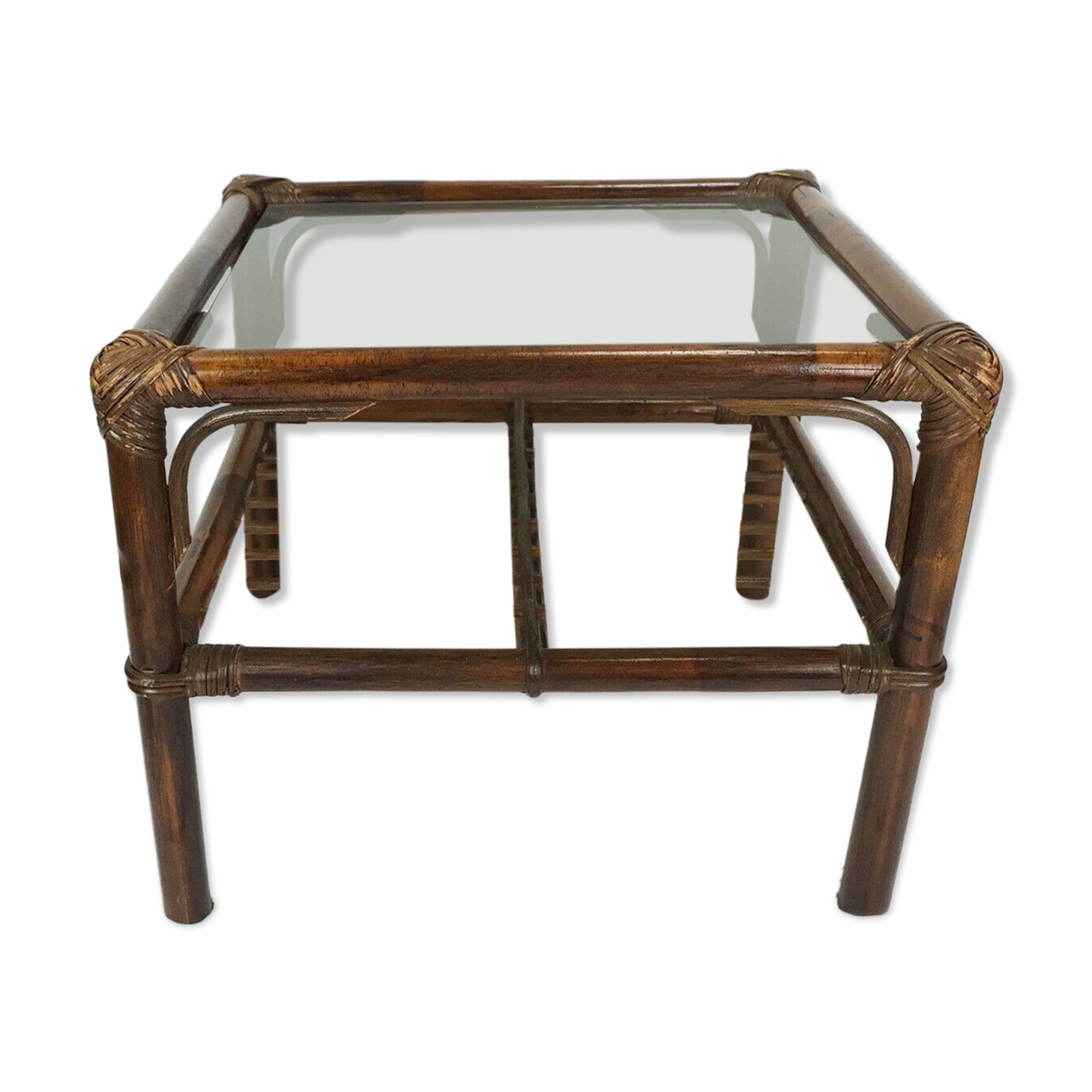 no 1 of 2: 1970s mid century SIDE TABLE coffee table bamboo wicker glass