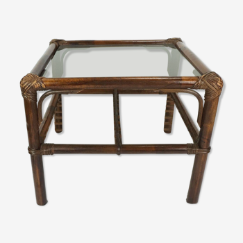 no 1 of 2: 1970s mid century SIDE TABLE coffee table bamboo wicker glass