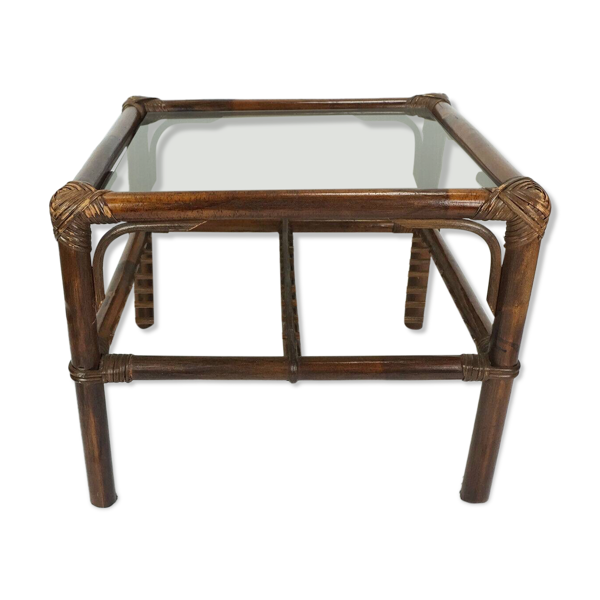 table d'appoint des années 1970 en bambou, osier et verre
