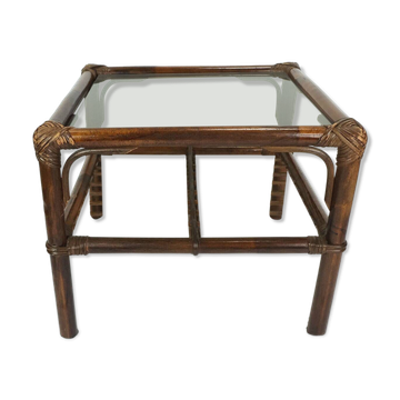 no 1 of 2: 1970s mid century SIDE TABLE coffee table bamboo wicker glass