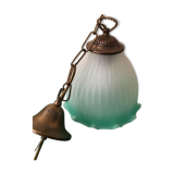 Ancienne suspension en verre opaque blanc et dégradé de vert