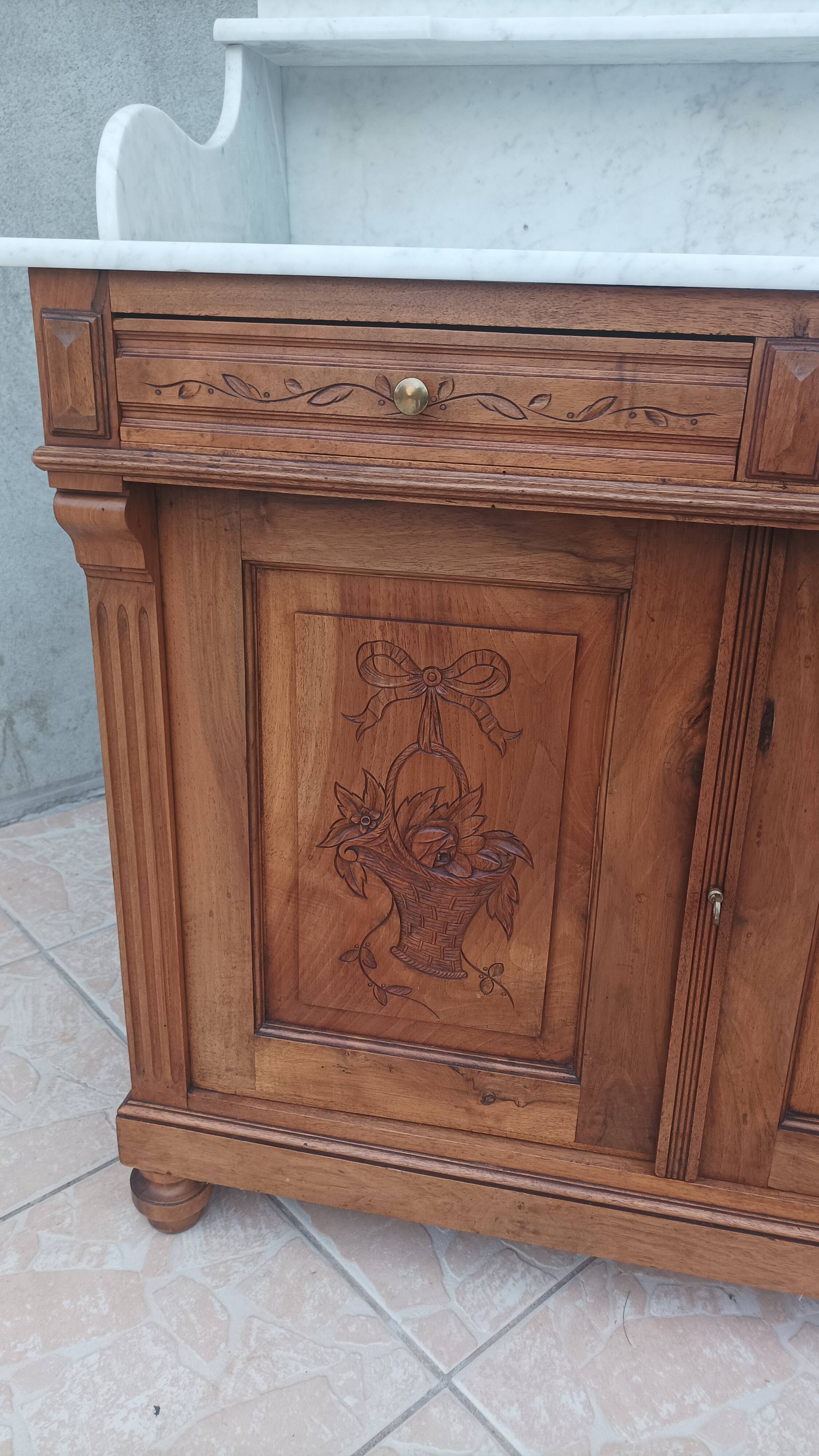 Antique walnut and white marble bathroom cabinet