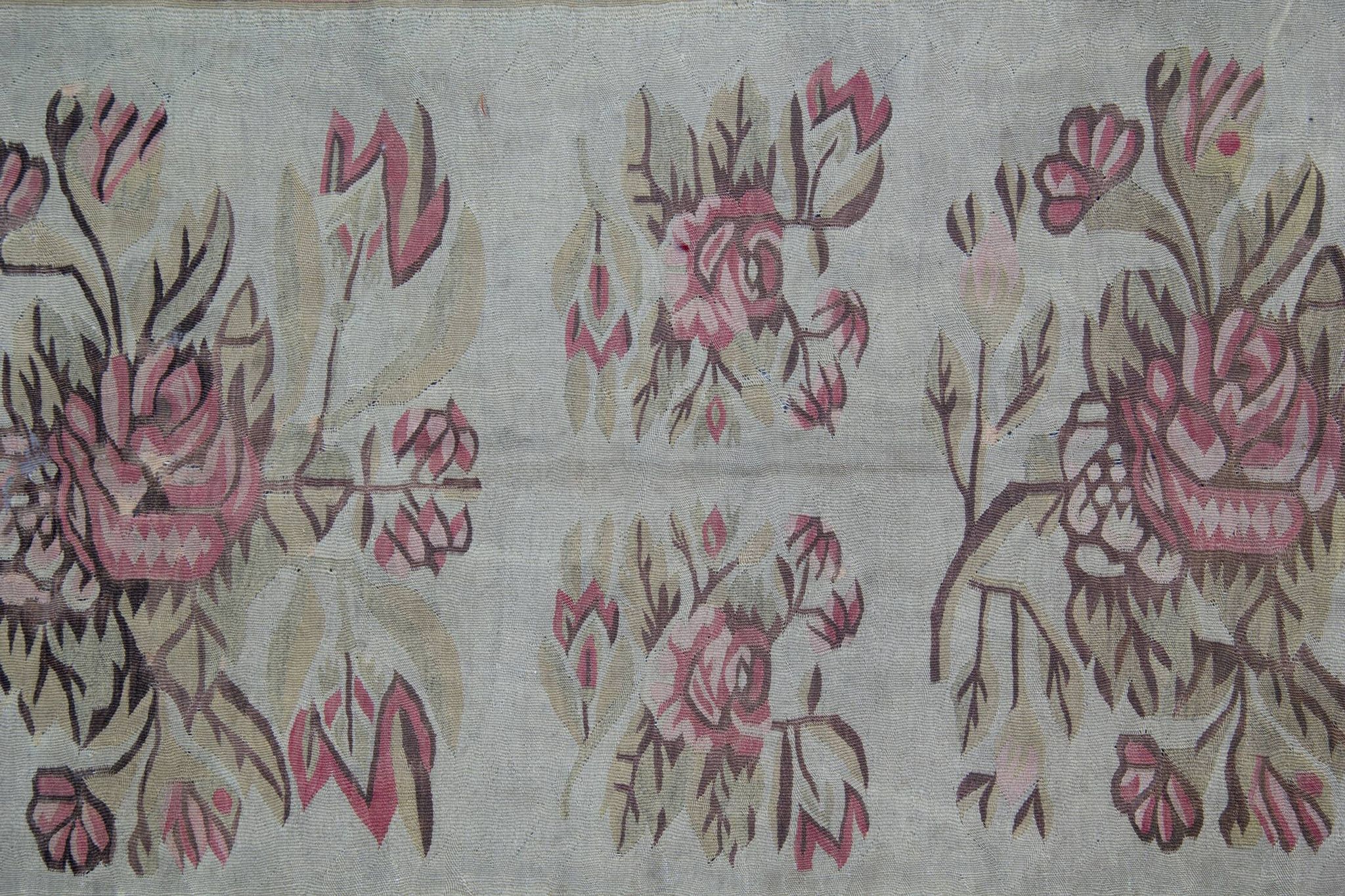 Bessarabian Kilim Rug 1870, Pink & Sky Blue Floral Wool Flatweave 176x271cm