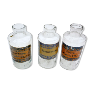 3 apothecary jars, antique blown glass pharmacy