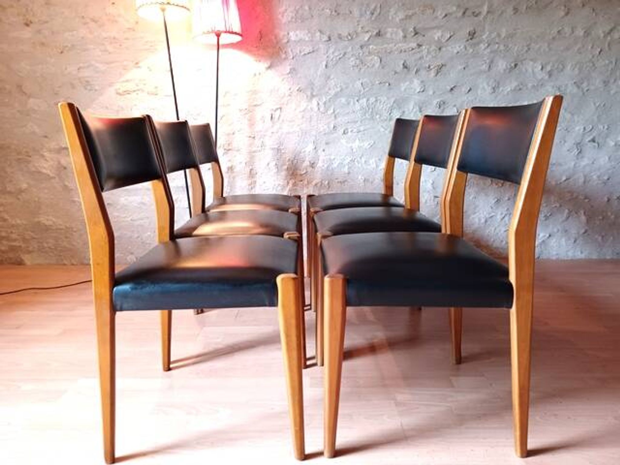 6 chaises scandinave teck et skaï vintage 1960