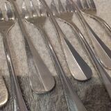 12 silver-plated oyster forks by silversmith J Brille with stick handles.