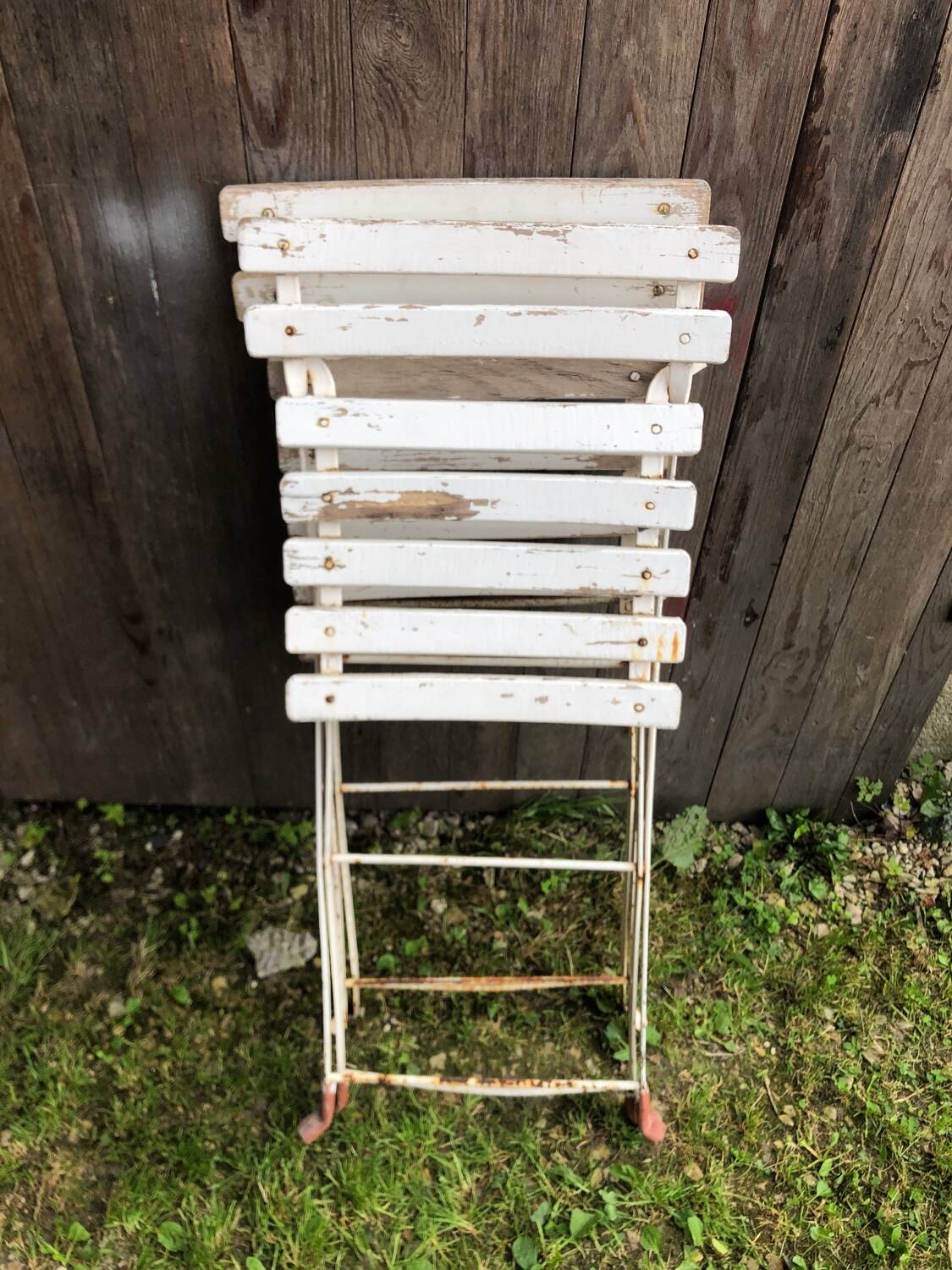 Pair of vintage white metal & wood folding garden chairs