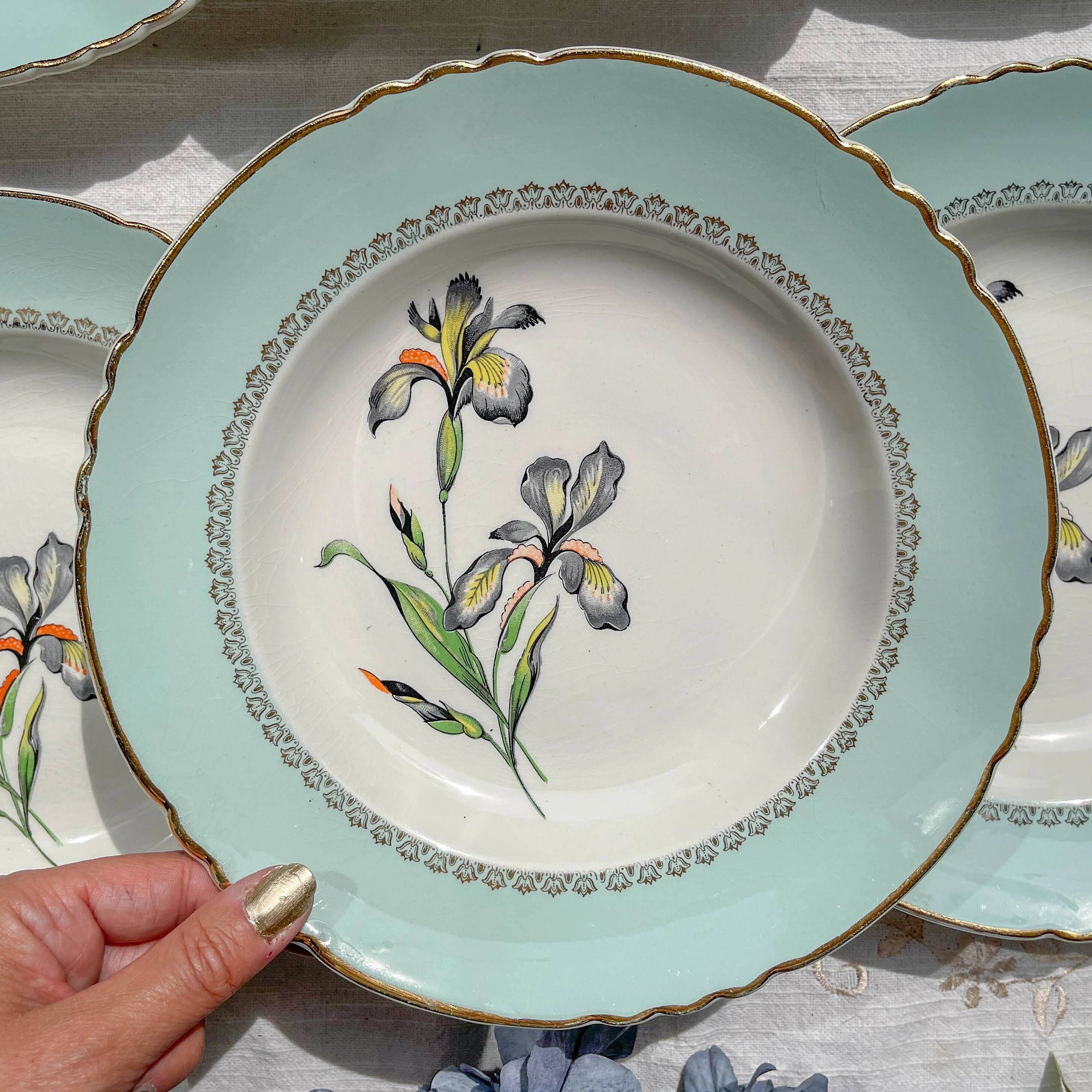 6 vintage white and green porcelain soup plates Iris Moulin des Loups "Sargosse" 1950s