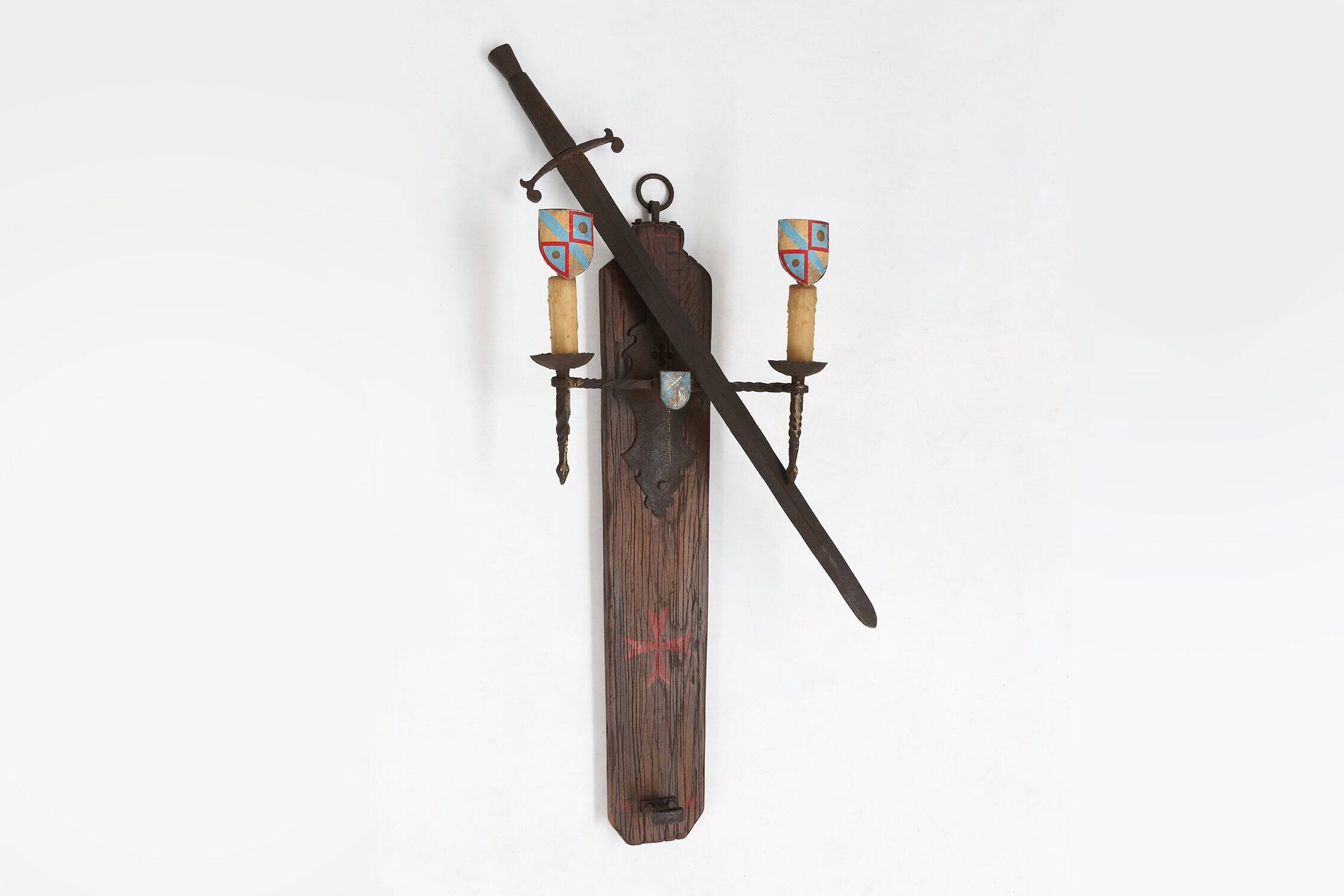 French 20th Century Large Wrought‑Iron Medieval Revival Wall Lamp with Swor