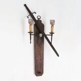 French 20th Century Large Wrought‑Iron Medieval Revival Wall Lamp with Swor