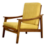 Midcentury Italian Armchair In Teak And Mustard Velvet.