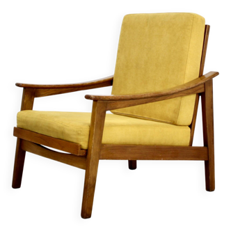 Midcentury Italian Armchair In Teak And Mustard Velvet.