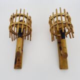 Pair of rattan bamboo lantern wall lights. 1950s-1960s