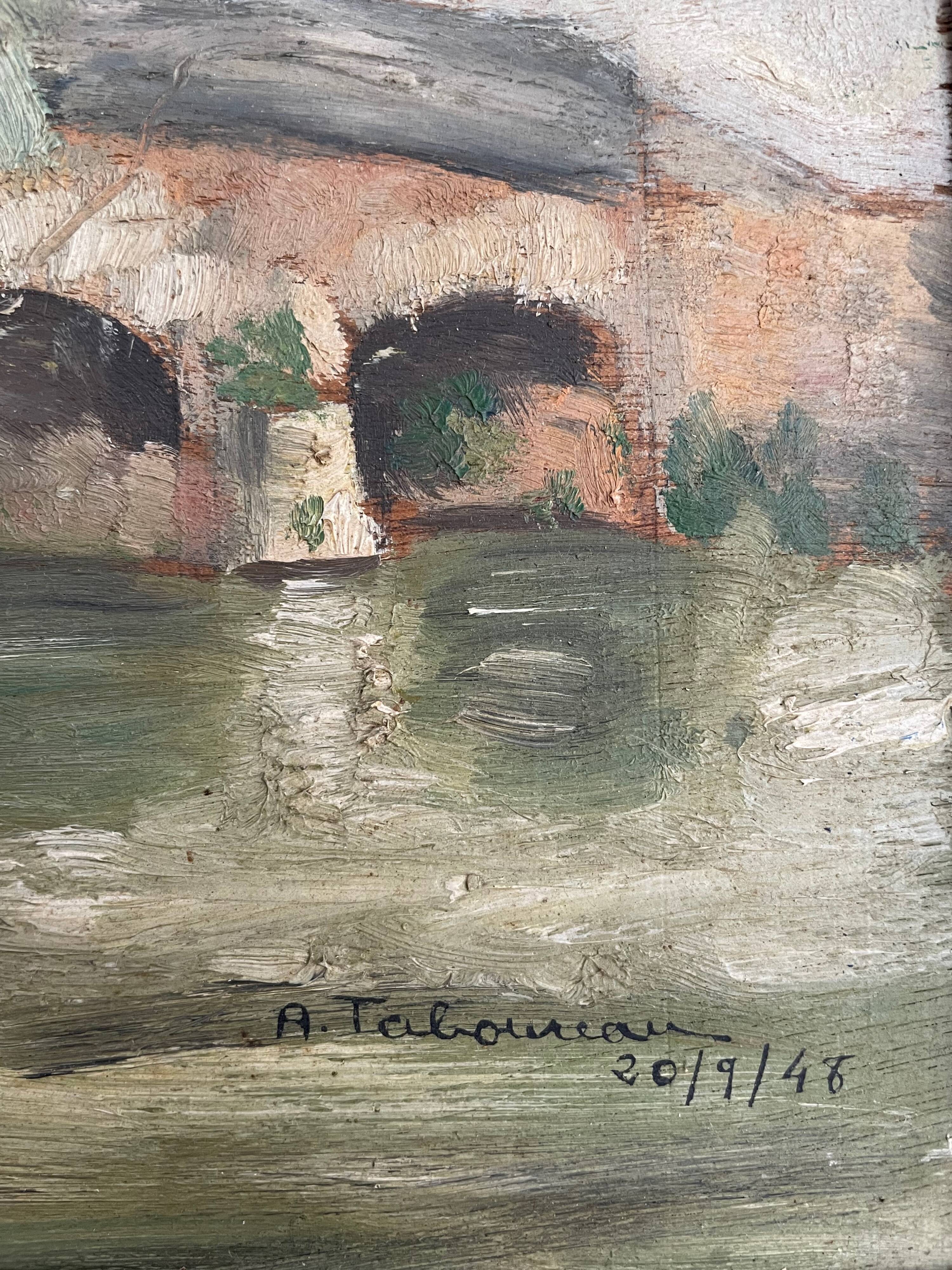 Painting old landscape painting bridge XXth A.Taboureau 1948