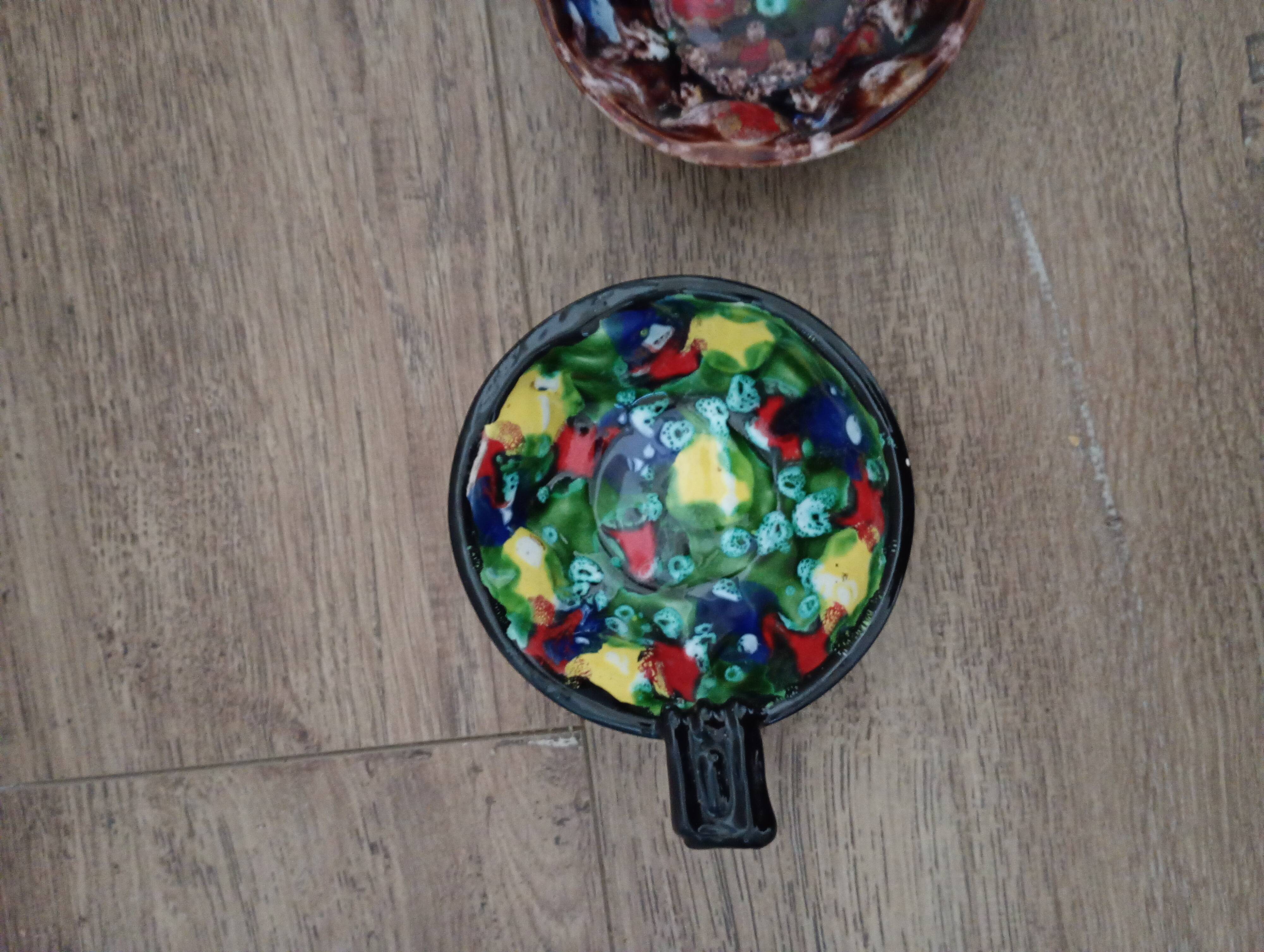 Tasting wine, bowls signed A. Dressinval, ceramist from Vallauris, 1960s.