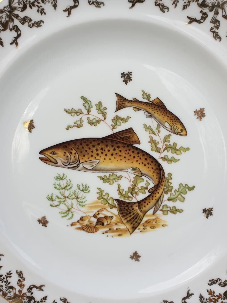 Set 12 plates porcelain gold fine fish fern limousine de Chastagner