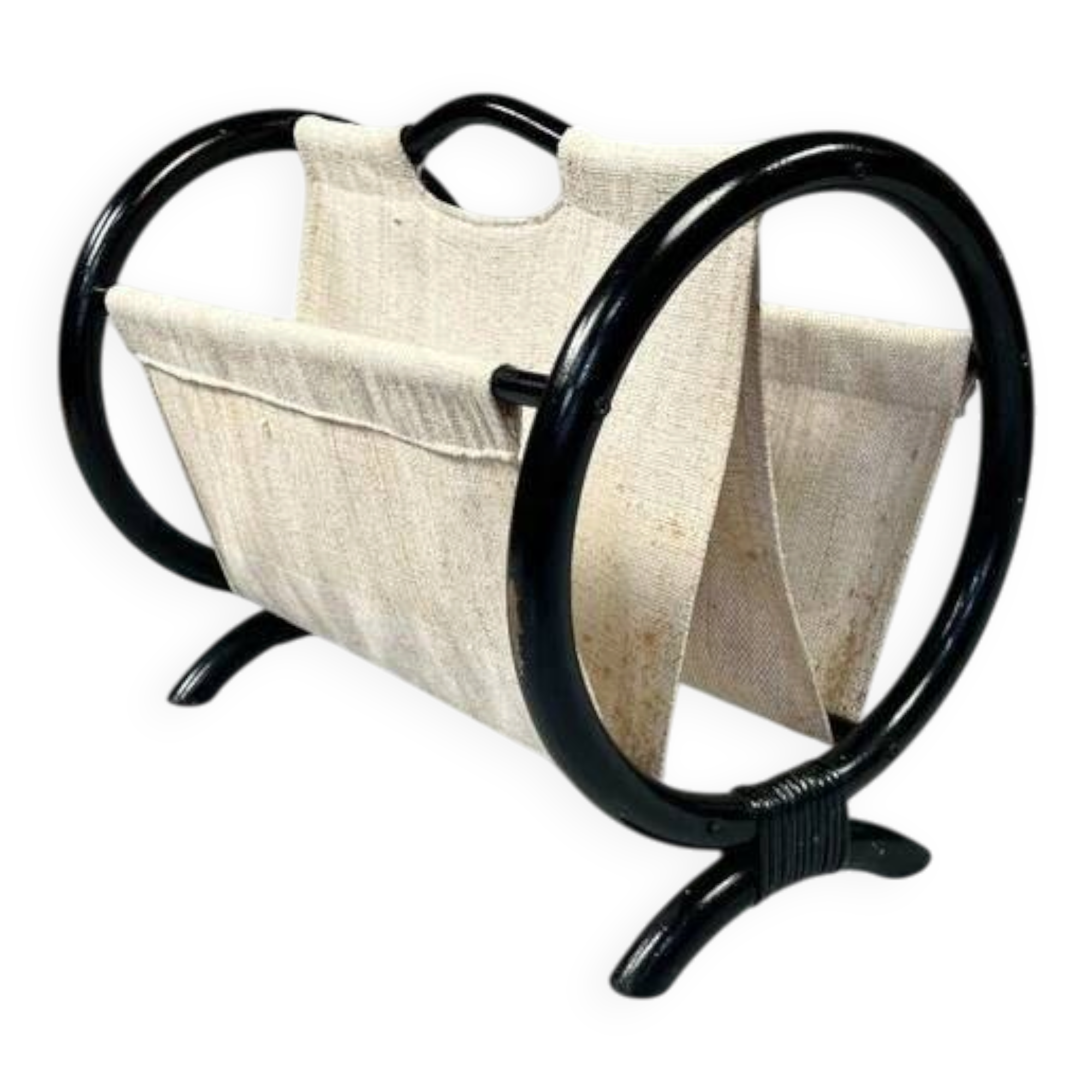 Vintage Round Magazine Rack / Reading Basket, Black Rattan, 1970's