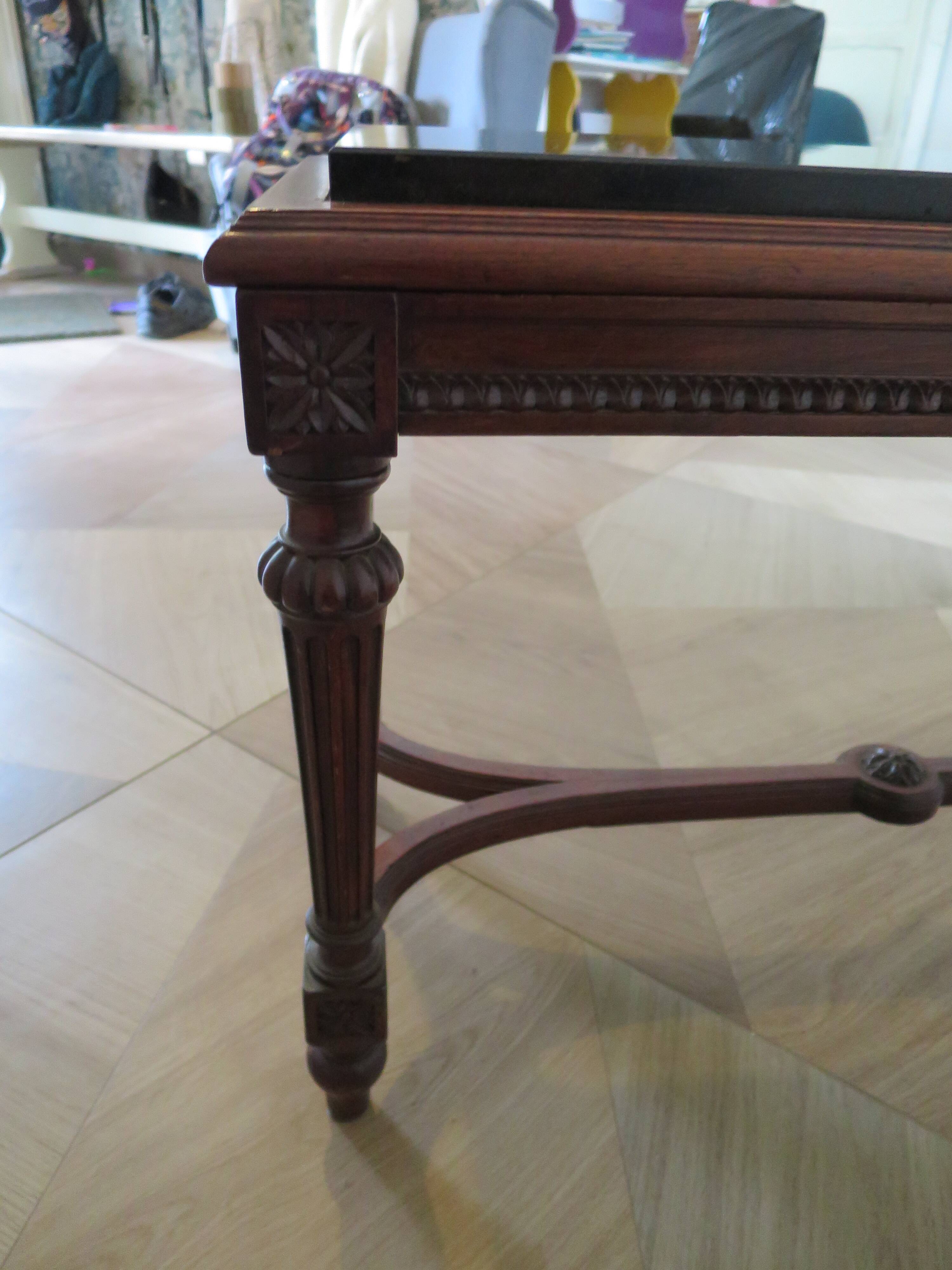 Coffee table - black marble top - Louis XIII style - H-shaped crossbar base