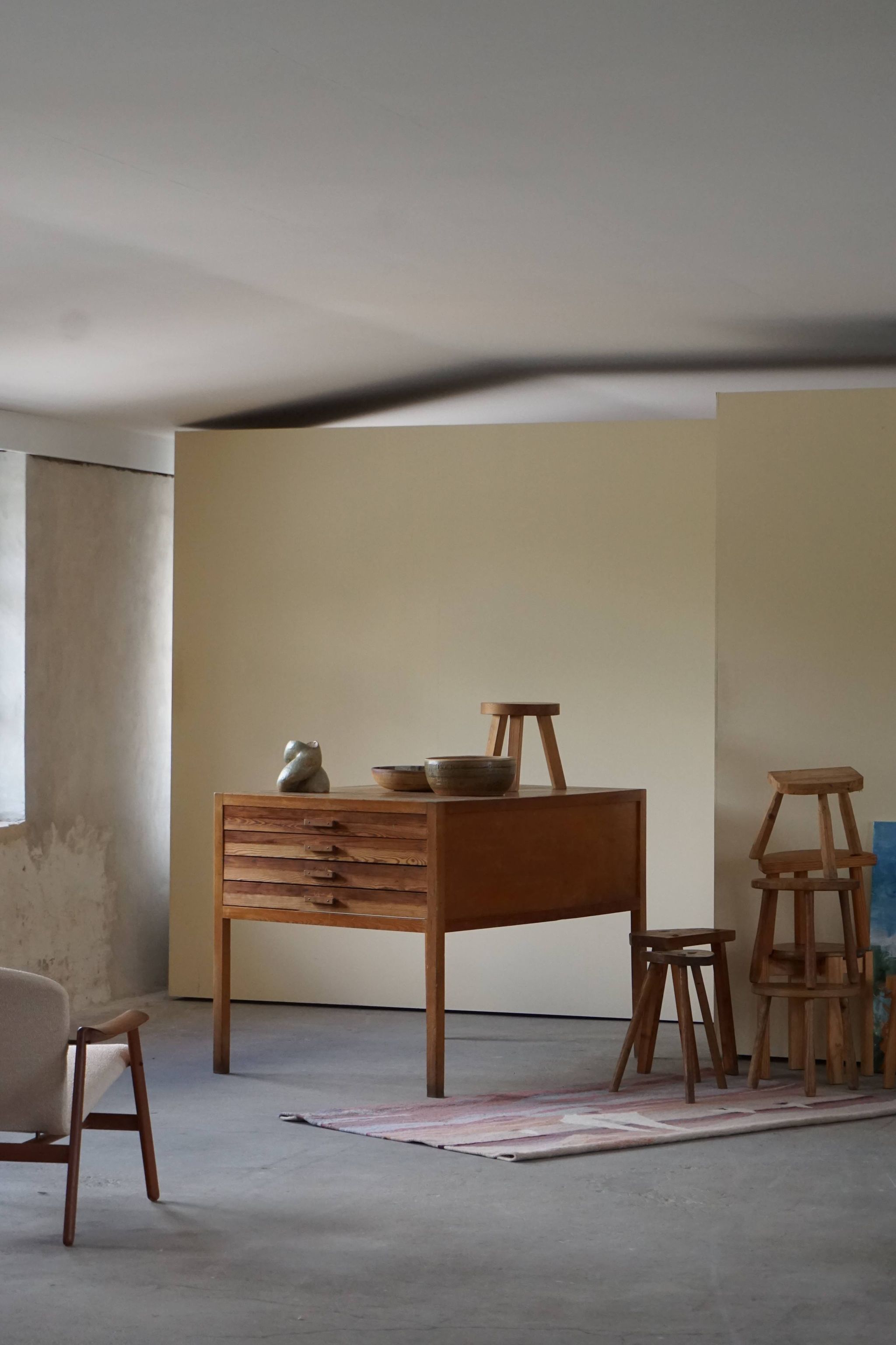 Mid Century Large Danish Drawing Cabinet, Made in Pine and Beech, 1960s