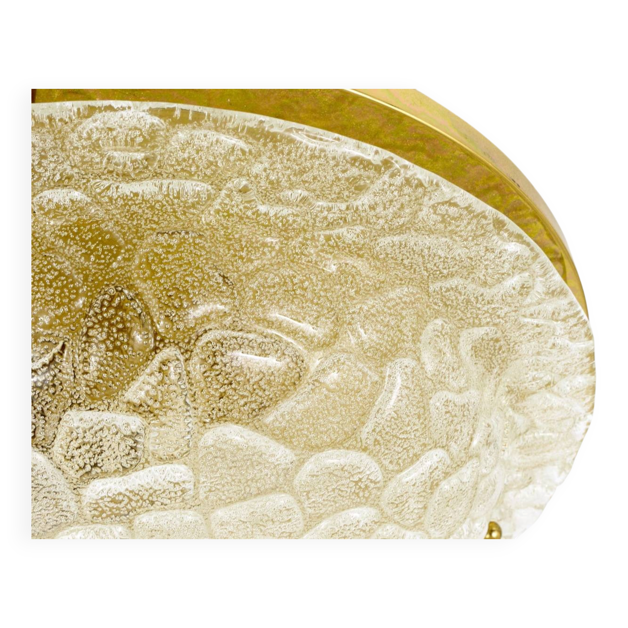 Large Hillebrand ceiling light in textured bubble glass and brass, Germany, 1970s.