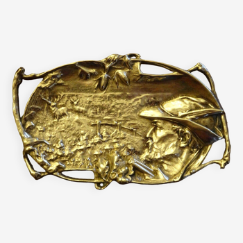 Ancien vide poche coupelle bronze à décor de chasse chasseur cerf 19 x 11,5 cm